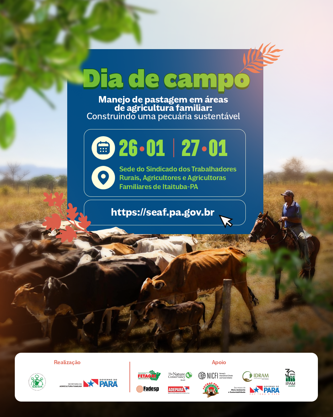 Imagem mostra manada de bois, com homem montado em cavalo seguindo atrás. No meio da imagem há o anúncio da programação Dia de Campo, com data e local