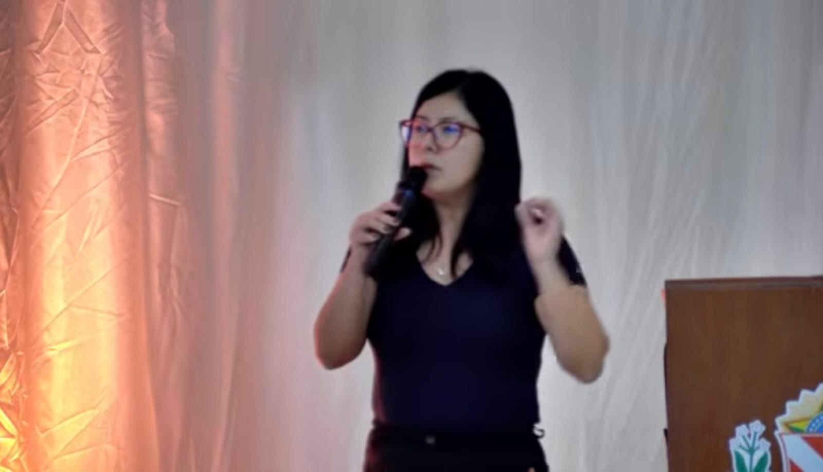 Imagem mostra mulher com microfone falando para o público, ela é branca, de cabelo liso e veste roupa preta