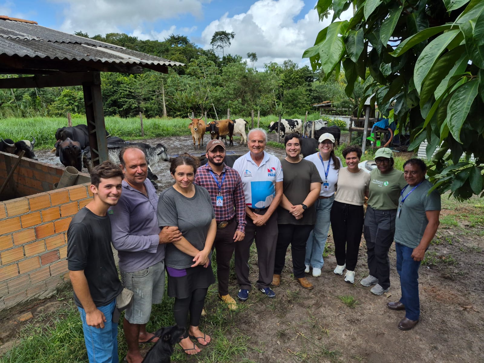 Foto mostra grupo de pessoas lado a lado de várias idades e etinias em área aberta com gado passando por trás