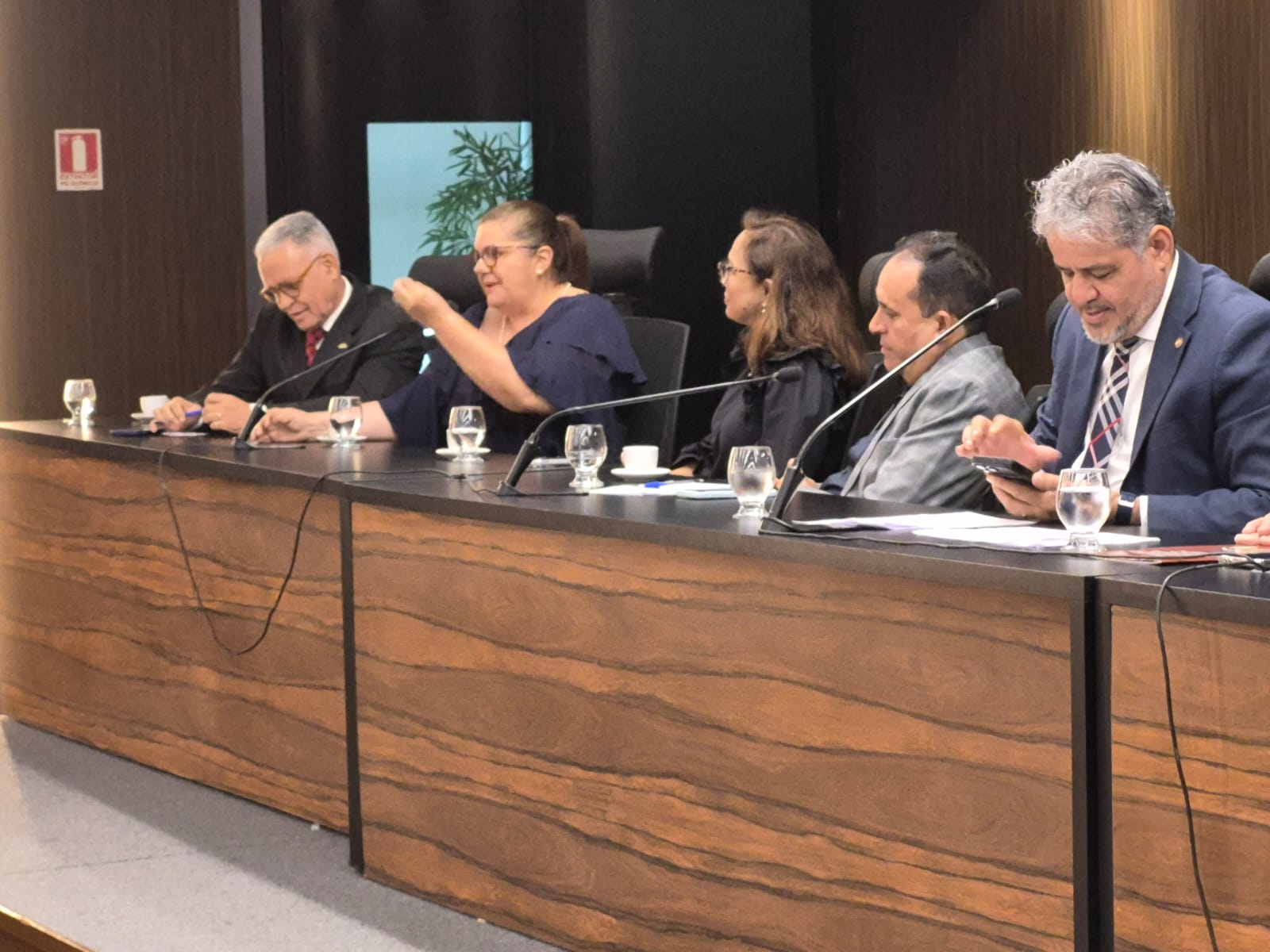 imagem mostra mulher falando e gesticulando em bancada de auditório, ao lado de outra mulher e trÊs homens